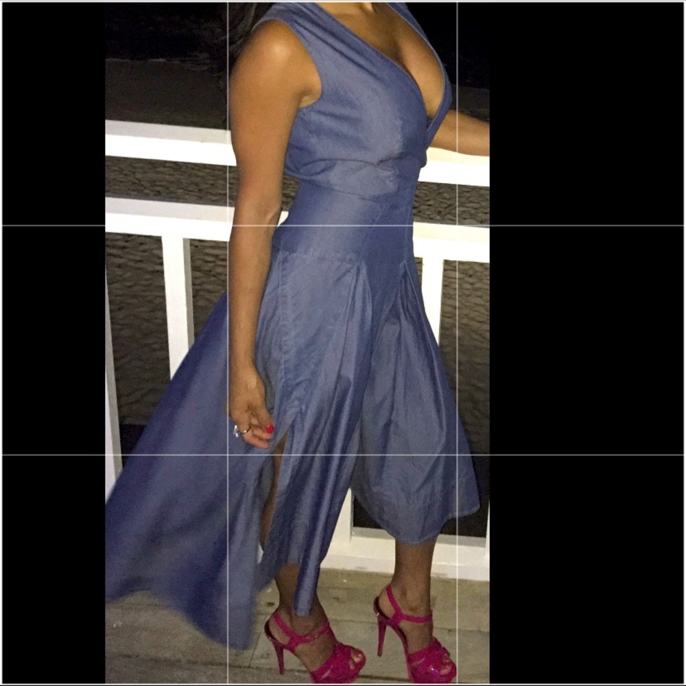 Robert Rodriguez Chambray Seamed Maxi Dress Blue Denim Asymmetrical